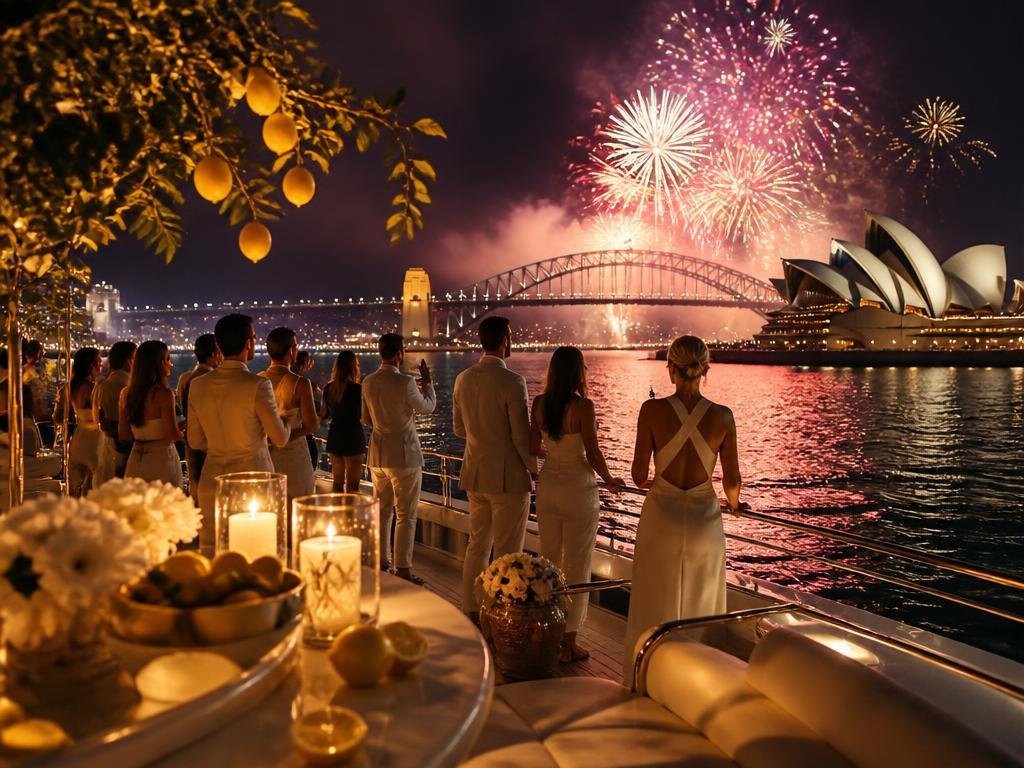 Guests watching Sydney New Year's Eve fireworks from Luna Cruises with the Harbour Bridge and Opera House