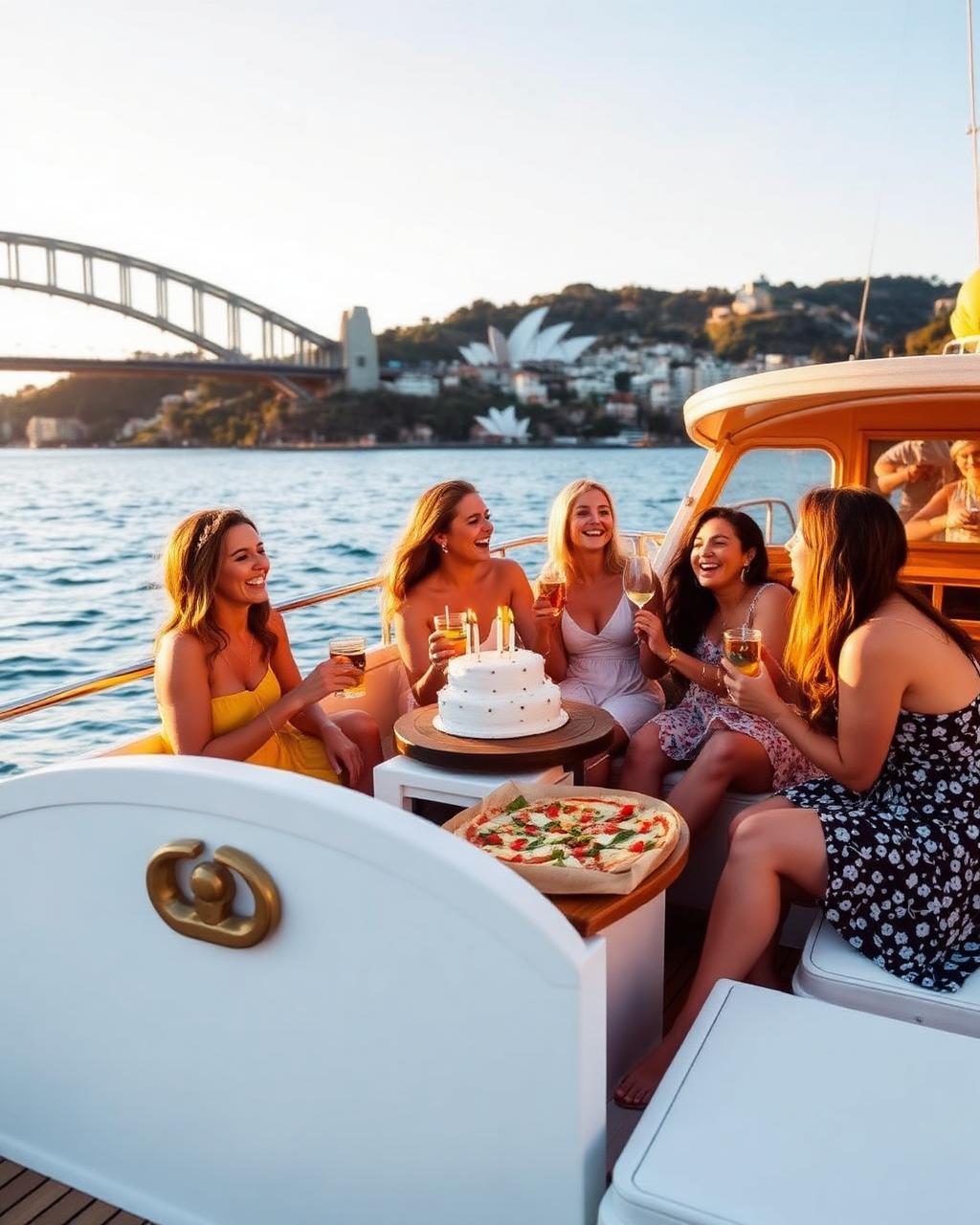 Birthday celebration on Luna Cruises with friends, cake and wood-fire pizza on Sydney Harbour
