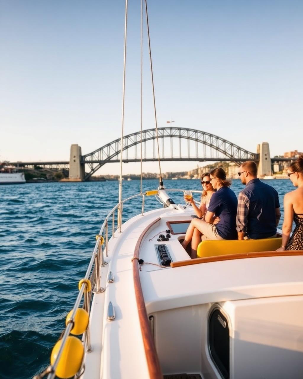 Private charter guests enjoying a relaxed cruise on Luna Cruises with Sydney Harbour Bridge