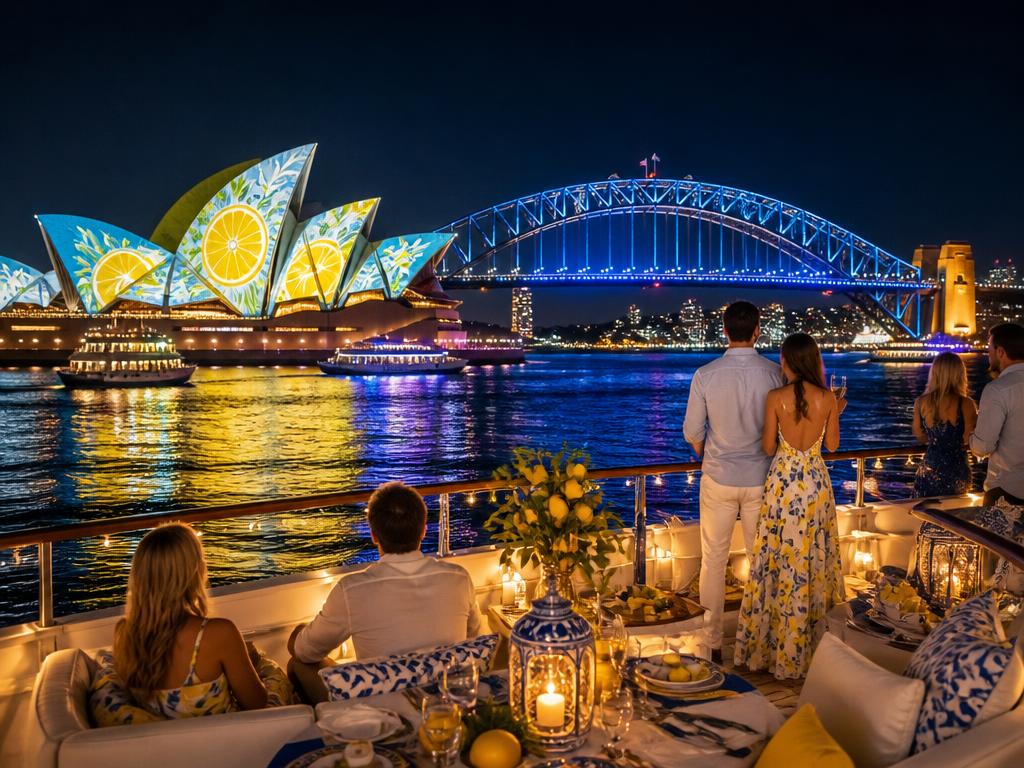Vivid Sydney lights over the Opera House and Harbour Bridge viewed from Luna Cruises