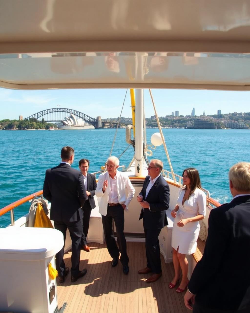 Corporate guests networking on Luna Cruises with Sydney Harbour Bridge in the background