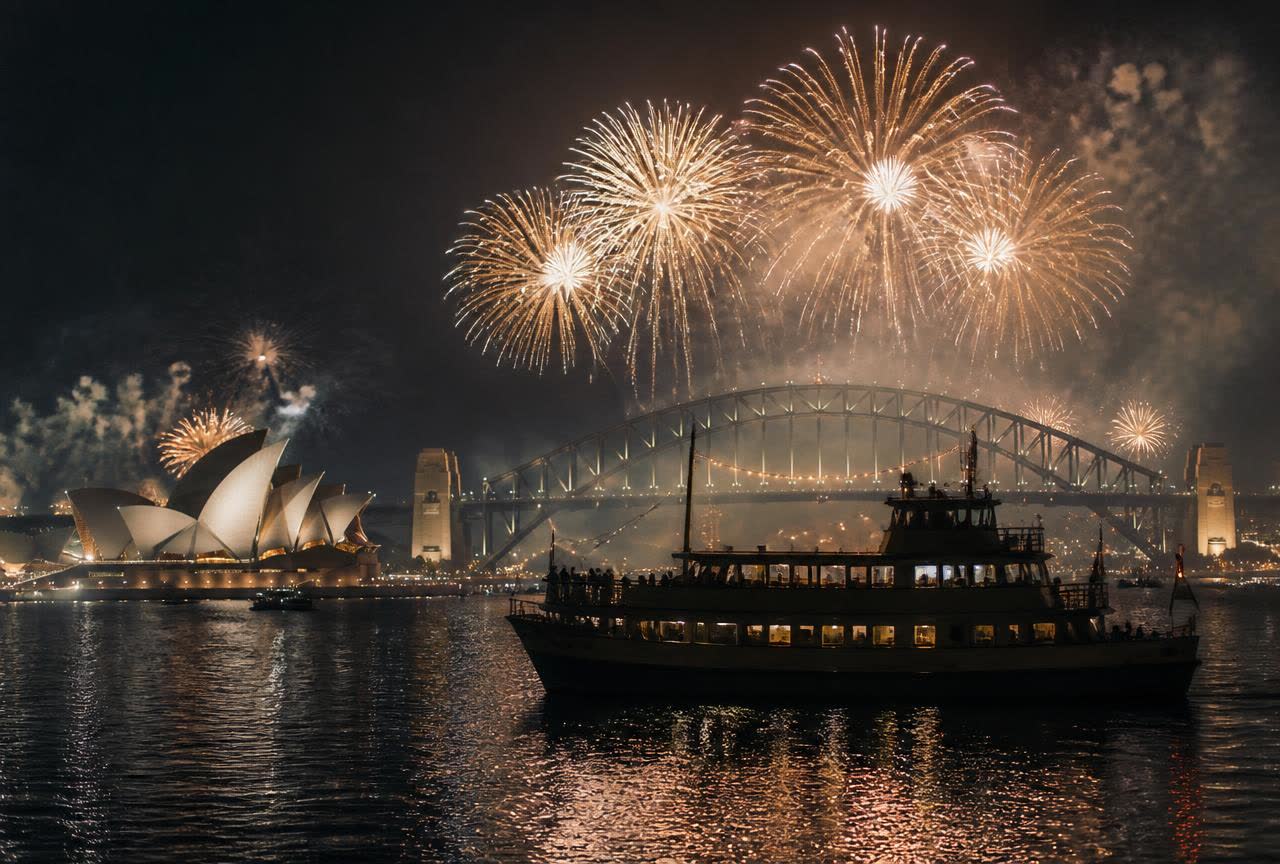 Fireworks over the Sydney Opera House and Harbour Bridge on Australia Day night seen from Luna Cruises